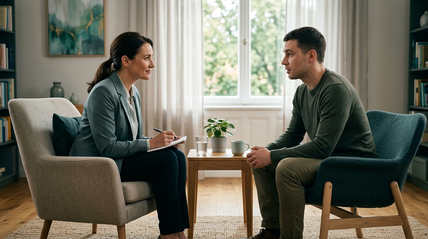 Eine Psychotherapeutin und ein Patient sitzen sich im Erstgespräch der psychotherapeutischen Sprechstunde zugewandt gegenüber. · KI-generiert