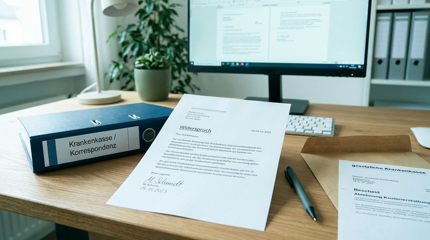 Ein unterschriebener Widerspruchsbrief an die Krankenkasse liegt auf einem Schreibtisch neben Stift, Ordner und Bescheid · KI-generiert
