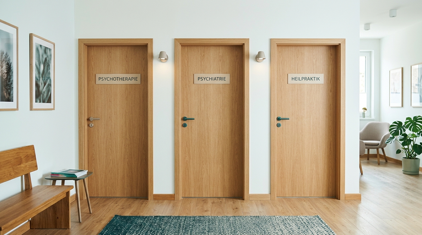 Drei beschriftete Türen in einer hellen Beratungspraxis als Symbol für die Wahl zwischen Psychotherapie, Psychiatrie und Heilpraktik bei psychischen Beschwerden · KI-generiert